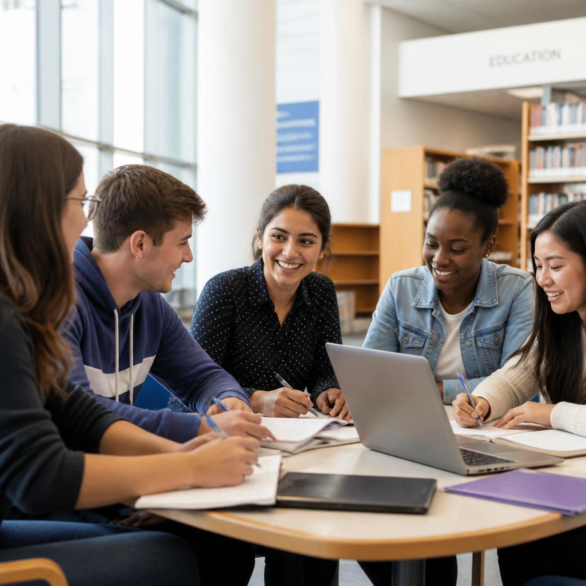 Estudiantes de pedagogía trabajando en equipo en la universidad